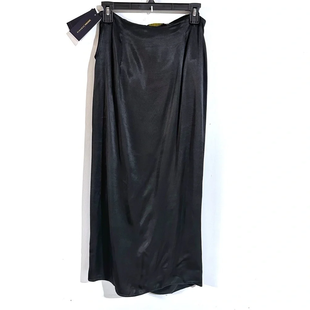 Piombo Silky Satin Faux Wrap Midi Skirt Ruching Front Slit In Black Sz 8 NWT